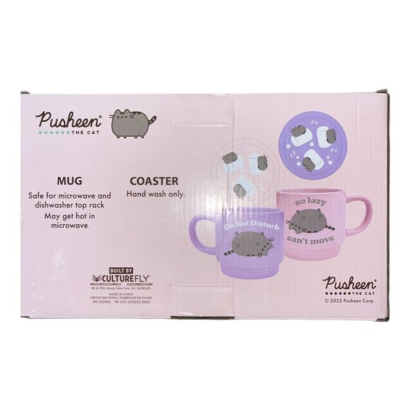 Pusheen The Cat Set of Stackable Ceramic Mugs with Coasters Gift Set Pink Green - Picture 5 of 5